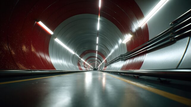 Futuristic Subway Tunnel: A modern, illuminated subway tunnel with a striking red and white circular pattern on the walls, leading into the distance with reflective flooring and overhead lights.