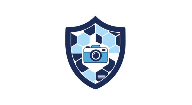 Photography Security Icon - Digital Camera in Shield for Image Protection and Copyright Safety Concept