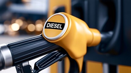 Yellow diesel fuel pump nozzle at gas station