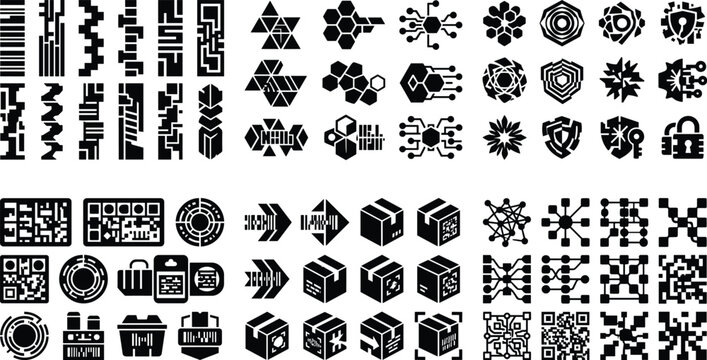 Cybersecurity and Technology Black Glyph Icon Collection with QR Codes and Digital Network Symbols