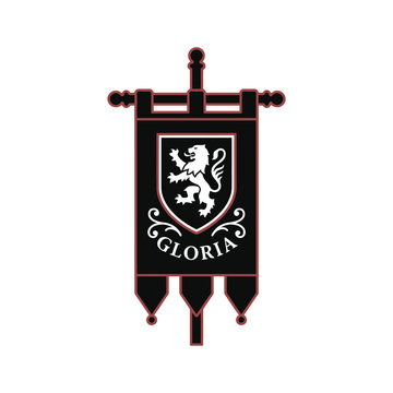 Medieval heraldic banner vector with lion rampant shield and gloria text for coat of arms design