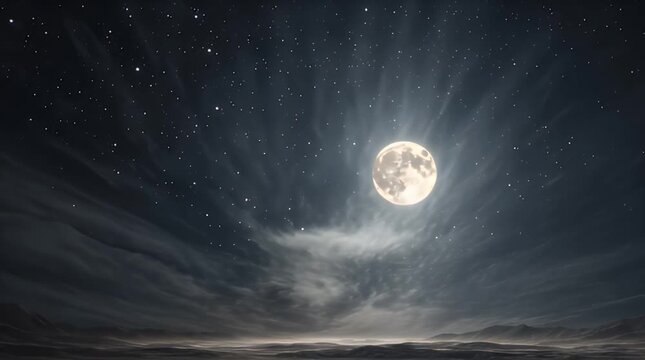 Bright Full Moon Over Night Sky with Stars and Clouds