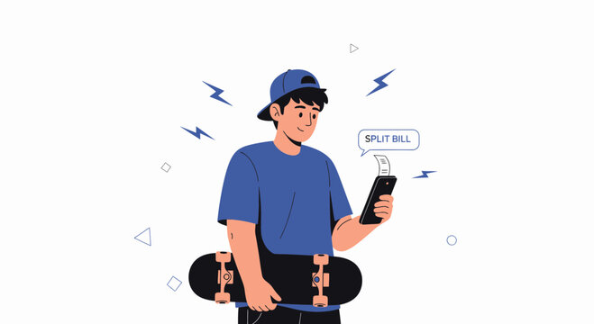 Young man with skateboard using phone app to split bill, modern vector illustration
