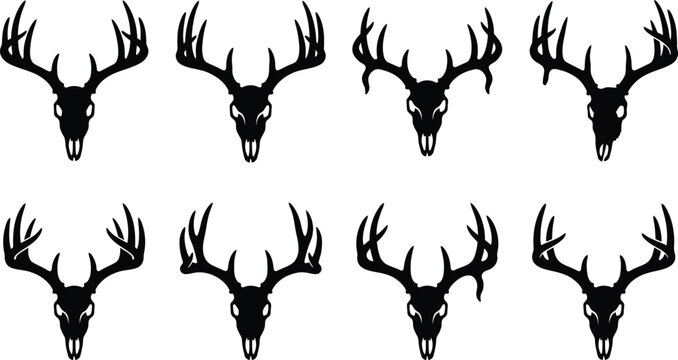 Deer Skull with Large Antlers Silhouette Icon Set, Trophy Buck Head Vector Collection
