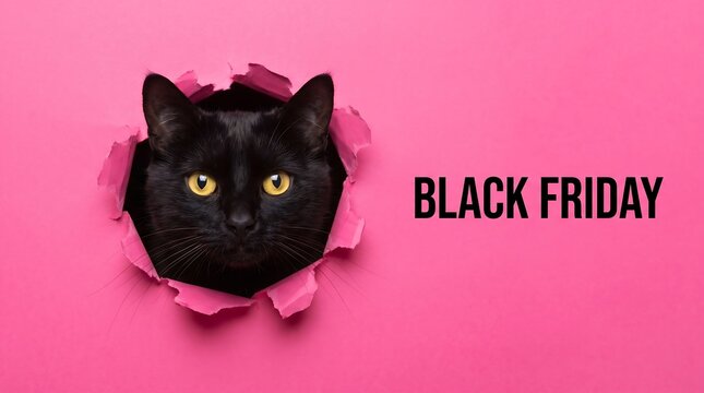 Black cat peeking through torn paper with black friday sale text on pink background