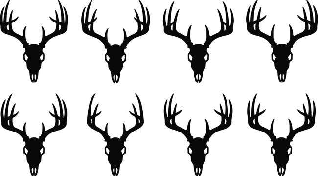 Whitetail Deer Skull with Antlers Silhouette Set