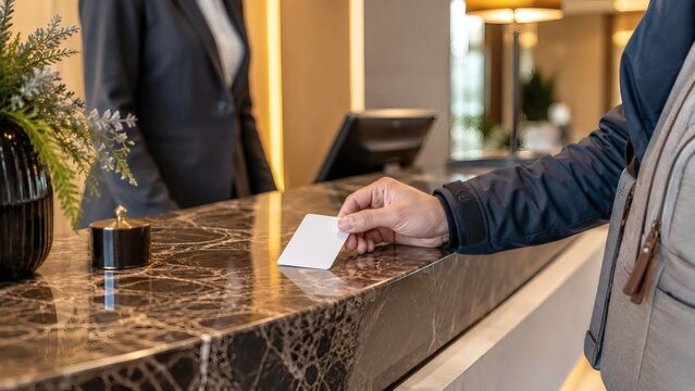 Guest checking in at a luxury hotel reception desk with check in reception check-in hospitality business accommodation professional interaction