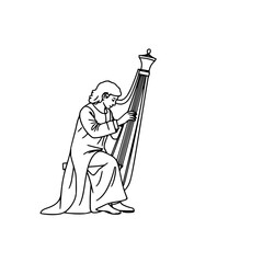 Obraz premium Continuous line drawing of a person playing a harpsichord set with Baroque musical art featuring minimalist thin line and white background