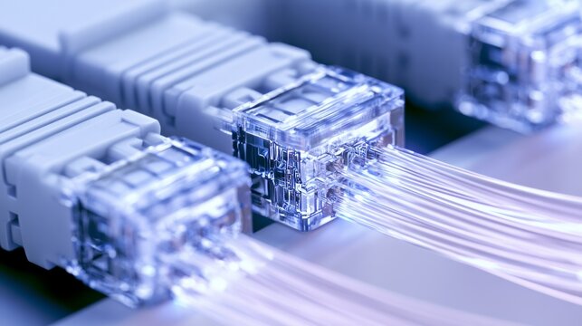 Colorful fiber optic cables connect to network devices in a data center