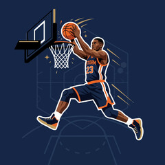A professional basketball player performing a powerful slam dunk shot © Abid