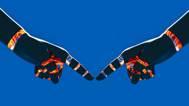 Robotic hands connect against a blue background in a technology scene