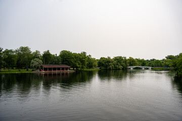 Fototapeta premium View of lagoon and bridge at Toronto Islands.