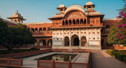 Fototapeta premium Indian architectural marvel with intricate elephants, arches, and courtyard.