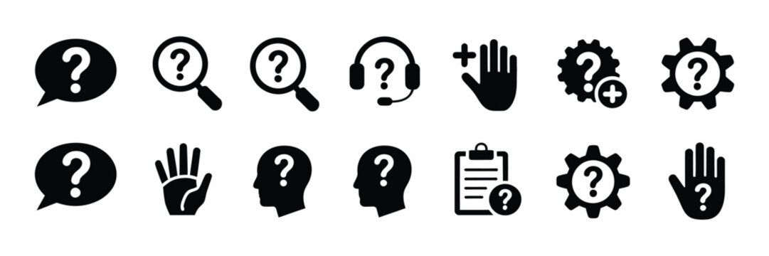 Question mark icon buttons, asking, problem solving, confusion, query, information, FAQ, help, support, advice, guide, research, conversation, quiz symbols, editable vector illustration.