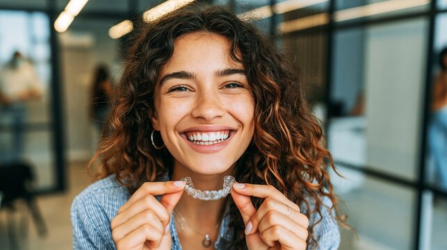 Smiling young woman proudly displays her clear aligner teeth straightening treatment, showcasing modern dental care and confidence