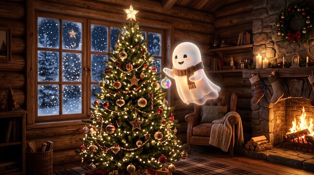 Cute ghost decorating a glowing Christmas tree in a cozy rustic cabin with snow outside and warm firelight