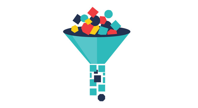 Data Funnel Concept Vector Illustration: Big Data Processing, Information Filtering, and Lead Generation with Colorful Geometric Shapes on White Background