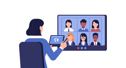 Fototapeta premium Vector Illustration of Businesswoman Hosting Video Conference with Diverse Global Team on Digital Monitor