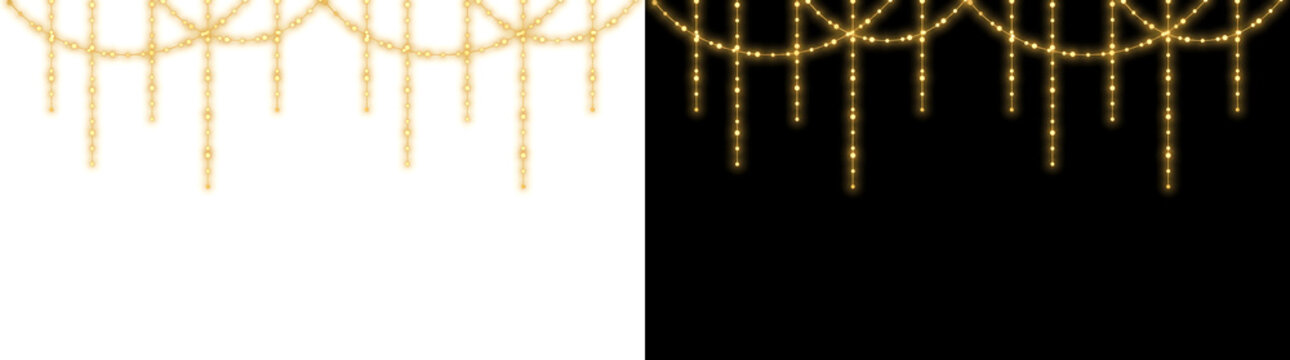 Gold string fairy light garland glows brightly hanging from top with festive dangling bulbs featuring PNG, Transparent and Black Background Versions for design