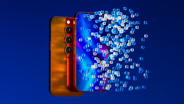 Smartphone with digital particles in a tech environment