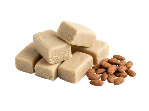 Stack of delicious marzipan almond candy pieces with whole almonds on the side isolated on transparent background