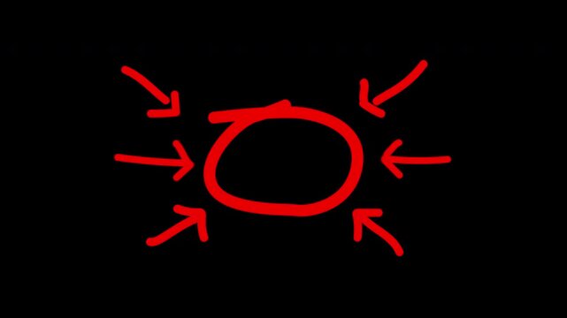 Red circular arrow with six red arrows pointing towards the center on a black empty blank background suitable for presentations or marketing materials.