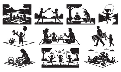 Fototapeta premium Collection of black silhouettes featuring families and children enjoying outdoor recreation, picnics, yoga, playing with frisbees, and jumping rope on a white background, set