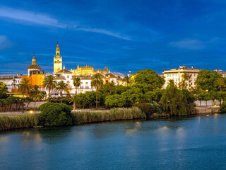 Fototapeta premium the Real Maestranza, Seville's bullring, on the shores of the Guadalquivir river with the bell tower of the cathedral in the background, Seville, Andalusia, Spain