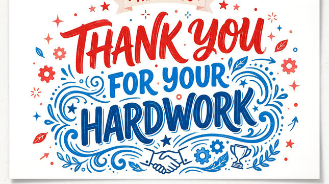 Handwritten calligraphy thank you for your hardwork message on white background. Elegant black ink script for gratitude cards and invitations.
