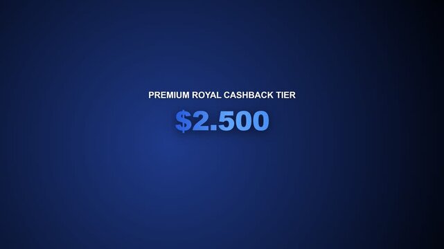 Premium royal cashback tier blue motion graphic animation displaying a financial reward value for banking services and digital customer loyalty