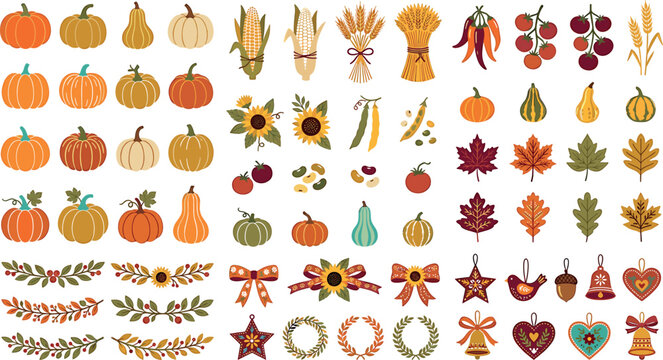 Autumn harvest and Thanksgiving vector elements set with colorful pumpkins sunflowers corn wheat ears leaves borders and festive ornaments design