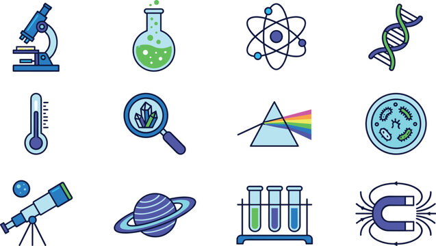 Science laboratory vector icon set with microscope flask atom dna strand thermometer prism petri dish telescope