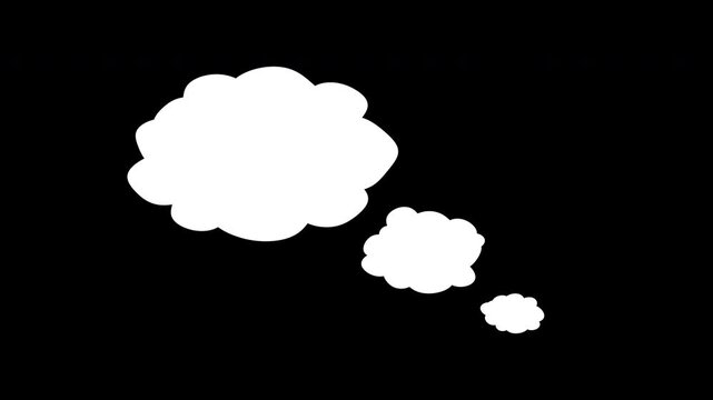 Thinking cartoon cloud on black background, resembling thought clouds. Ideal for social media graphics, presentations, infographics, and creative designs.