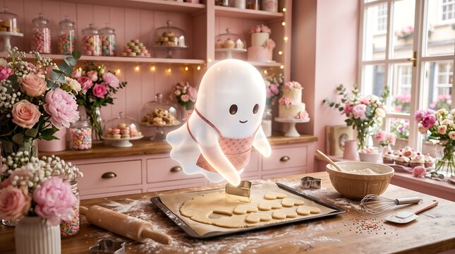 Cute ghost character baking heart-shaped cookies in a cozy pink kitchen with floral decorations and warm lighting