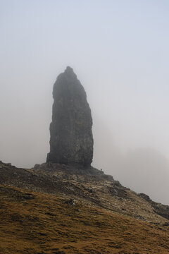 Misty Old Man of Storr rock pinnacle on Skye, Scotland