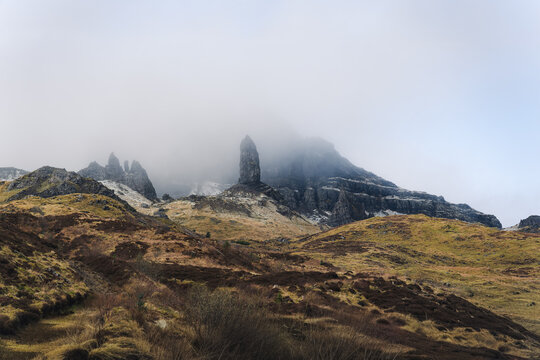 Misty Old Man of Storr cliffs on Isle of Skye, Scotland