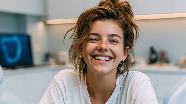 A joyful young woman with a messy bun smiles brightly, radiating happiness and confidence in a modern, bright workspace setting.