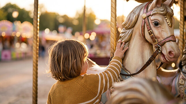 A curious young child gently touching a vintage horse on a colorful carousel during a festive carnival celebration for National Merry-Go-Round Day