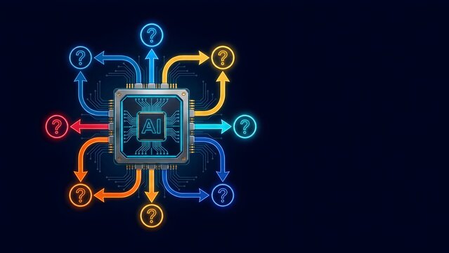 AI microchip processor with glowing arrows and question mark icons. Concept of artificial intelligence decision making and automated data analysis.