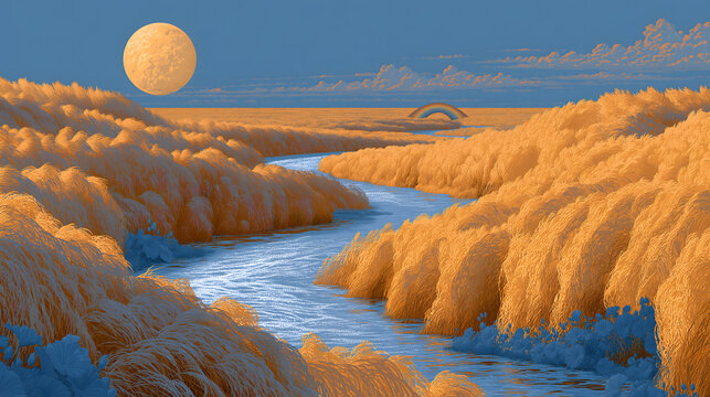 Field Of Reeds Eternal Golden Landscape, Translucent Golden Reeds And Silver Canals, Blue Lotuses Bloom, Rainbow Bridge To Sun Disk, Commercial Visual Asset For Myth Picture Book Healing Fantasy Game
