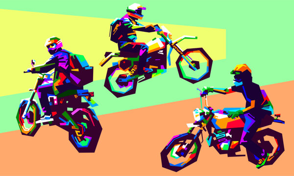 Collection of vibrant vector illustrations of motorcyclists in action in WPAP pop art style, featuring a horizontal banner template with colorful geometric designs.