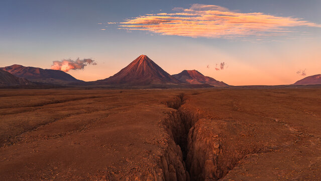 Sunset view of Licancabur Volcano above Atacama Desert