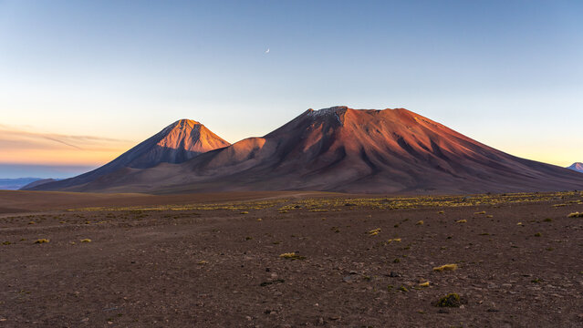Licancabur Volcano at sunset over Atacama Desert plain