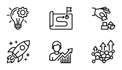 Fototapeta premium Business Strategy Icons: Idea, Planning, Development, Launch, Growth, Network. Vector Set