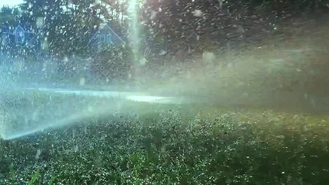 Sprinkler in Park Spraying Water on Lush Green Grass Irrigating and Watering Lawn