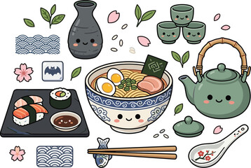 Cute Japanese Food and Tea Collection with Ramen Bowl, Sushi, Teapot, Sake, Chopsticks, and Traditional Kawaii Vector Illustration Set © Priyanka