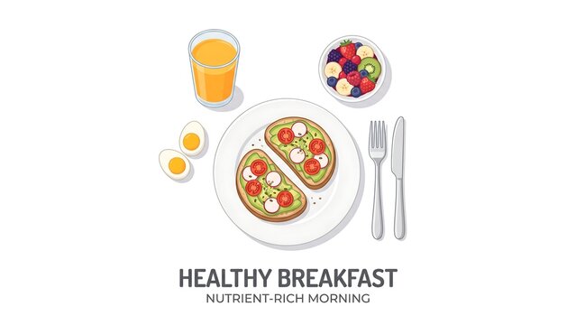 Healthy Breakfast Top View with Avocado Toast, Eggs, Fruit Bowl and Orange Juice
