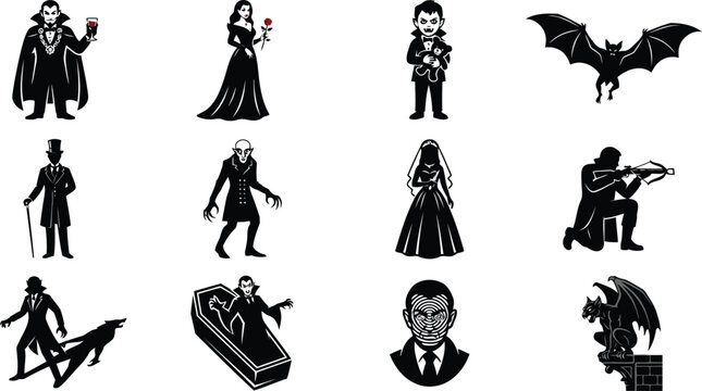 Black and white silhouette featuring vampires, gothic characters, coffins, bats, and spooky figures for dark fantasy and horror themes