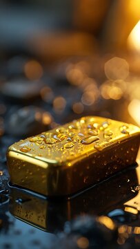 Shiny gold bar with water droplets on a dark reflective surface with golden lighting