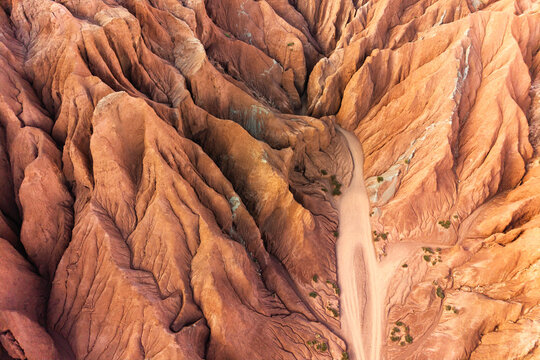 Aerial view of eroded rock texture in Valle Arcoiris